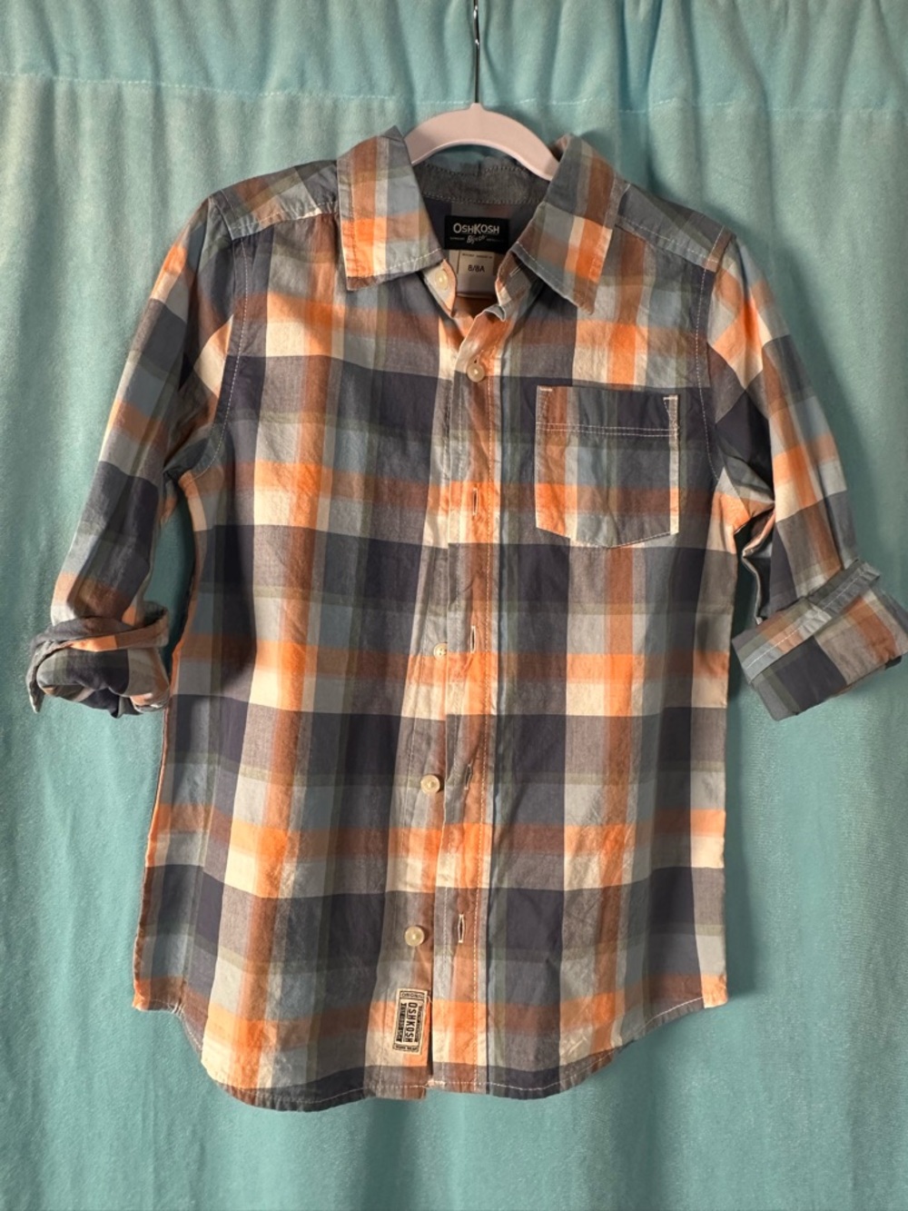 OshKosh B'gosh Orange Navy and Cream Plaid Button-Down Shirt
